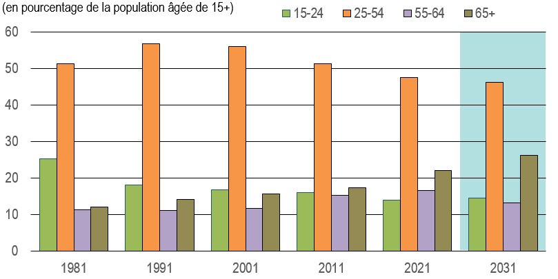 Ce graphique montre le taux  d'activité en pourcentage par groupe d'âge pour la période 1976 à 2031. Les données sont présentées dans la table à la suite de ce graphique.